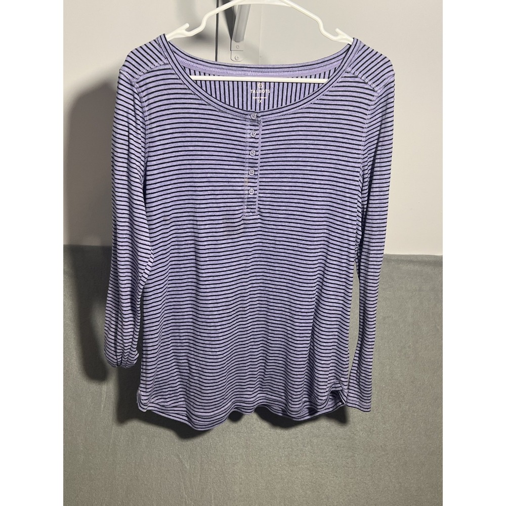 Talbots Women's 1X Plus Size Lavender Black Stripe Ribbed Henley Long Sleeve Top